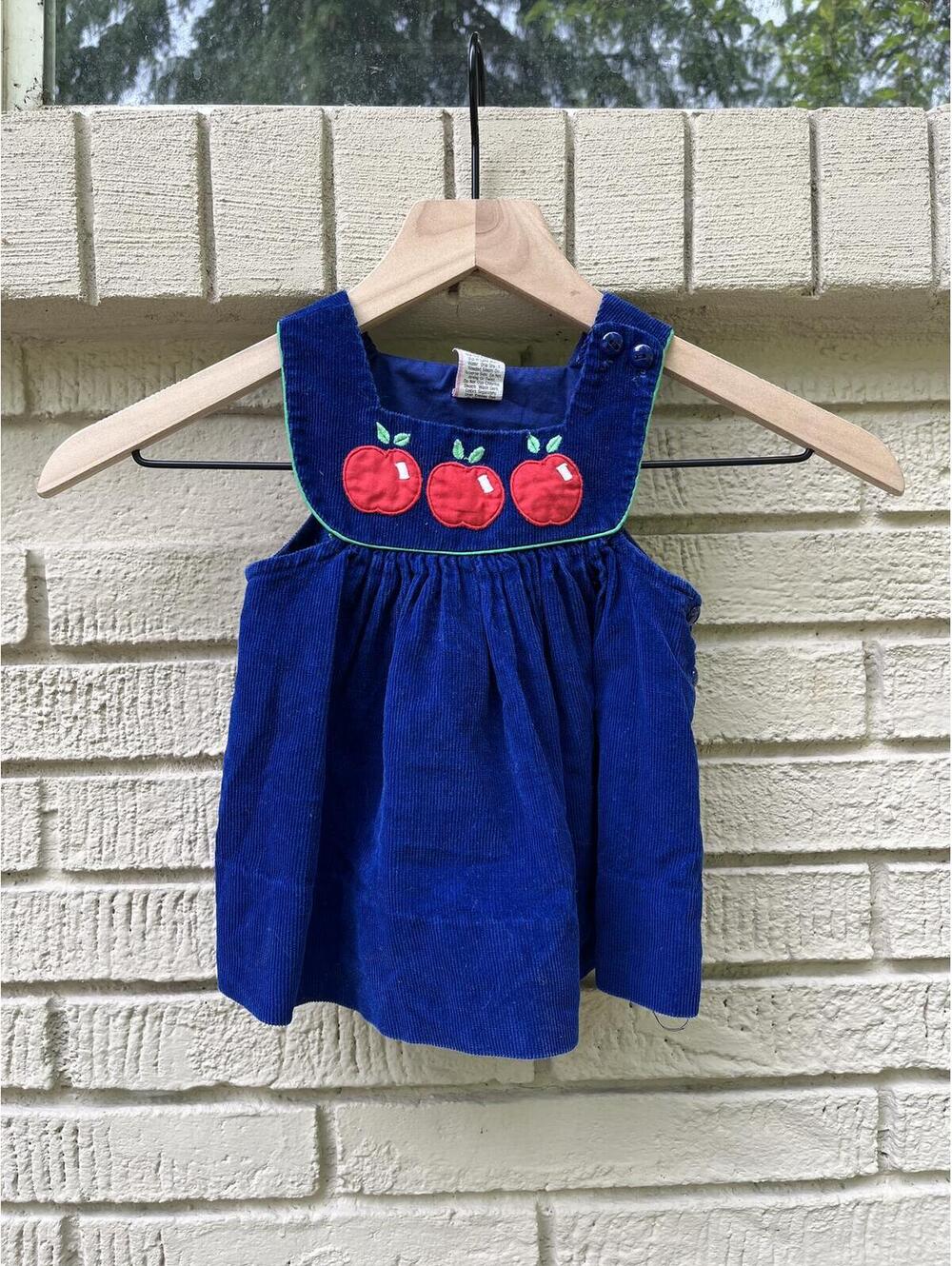 Vintage 70s Apple Corduroy Pinafore 12 Months Baby Toddler Cords Blue Country